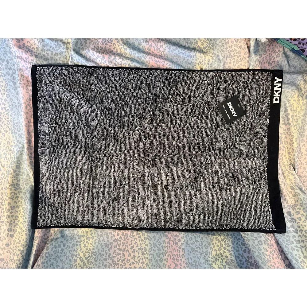 DKNY Bath Towel Black Gray Logo Trim Cotton Bath Collection 28x18.5 NWT
